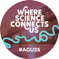A circular image of a bridge has been covered with a purple tint. Over the image appear the AGU 2025 annual meeting theme (Where Science Connects Us), a teal wandering line representing a river, and “#AGU25.”