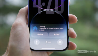 An iPhone with an AirDrop notification, showing a Pixel 10 shared a file with it.
