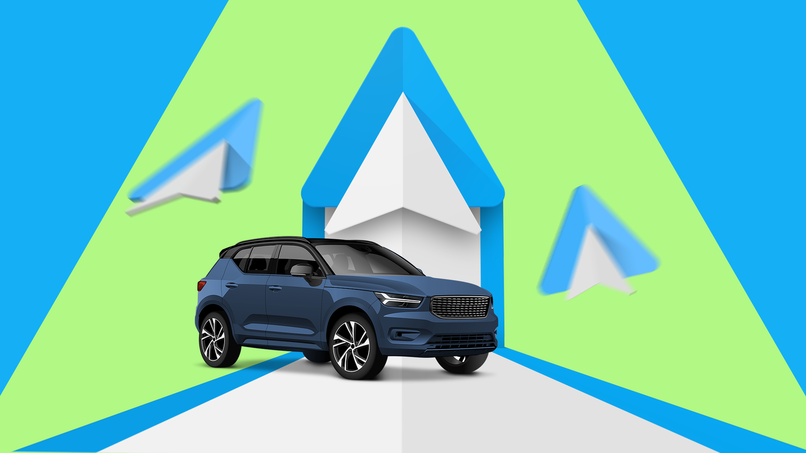 A blue SUV in front of a large Android Auto logo