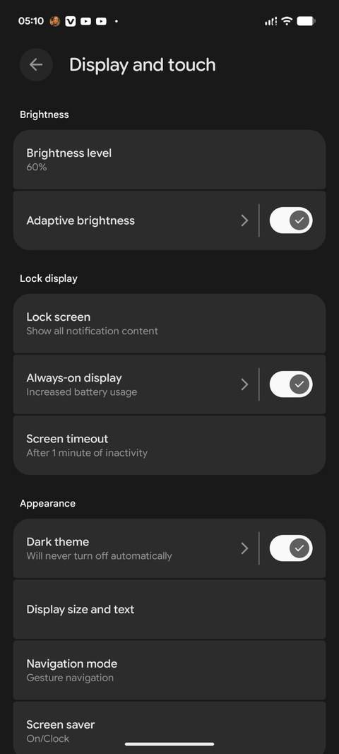 Android display and touch settings