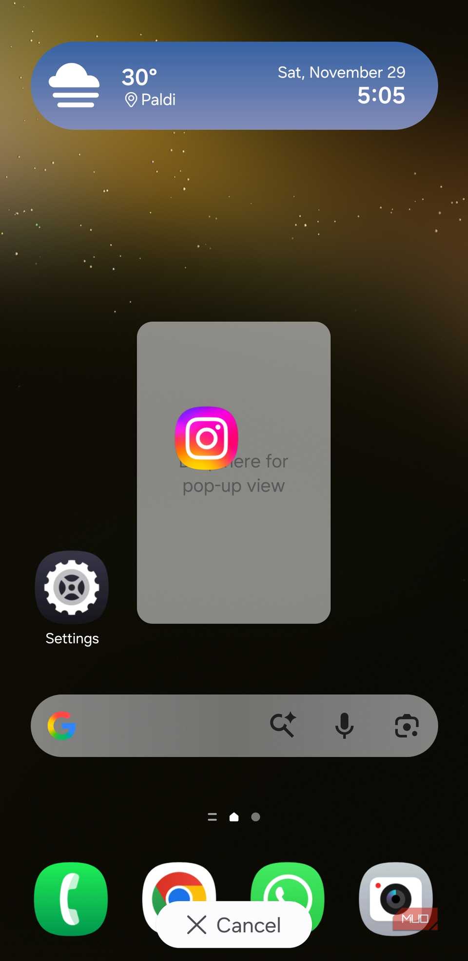 Android phone showing pop-up view option