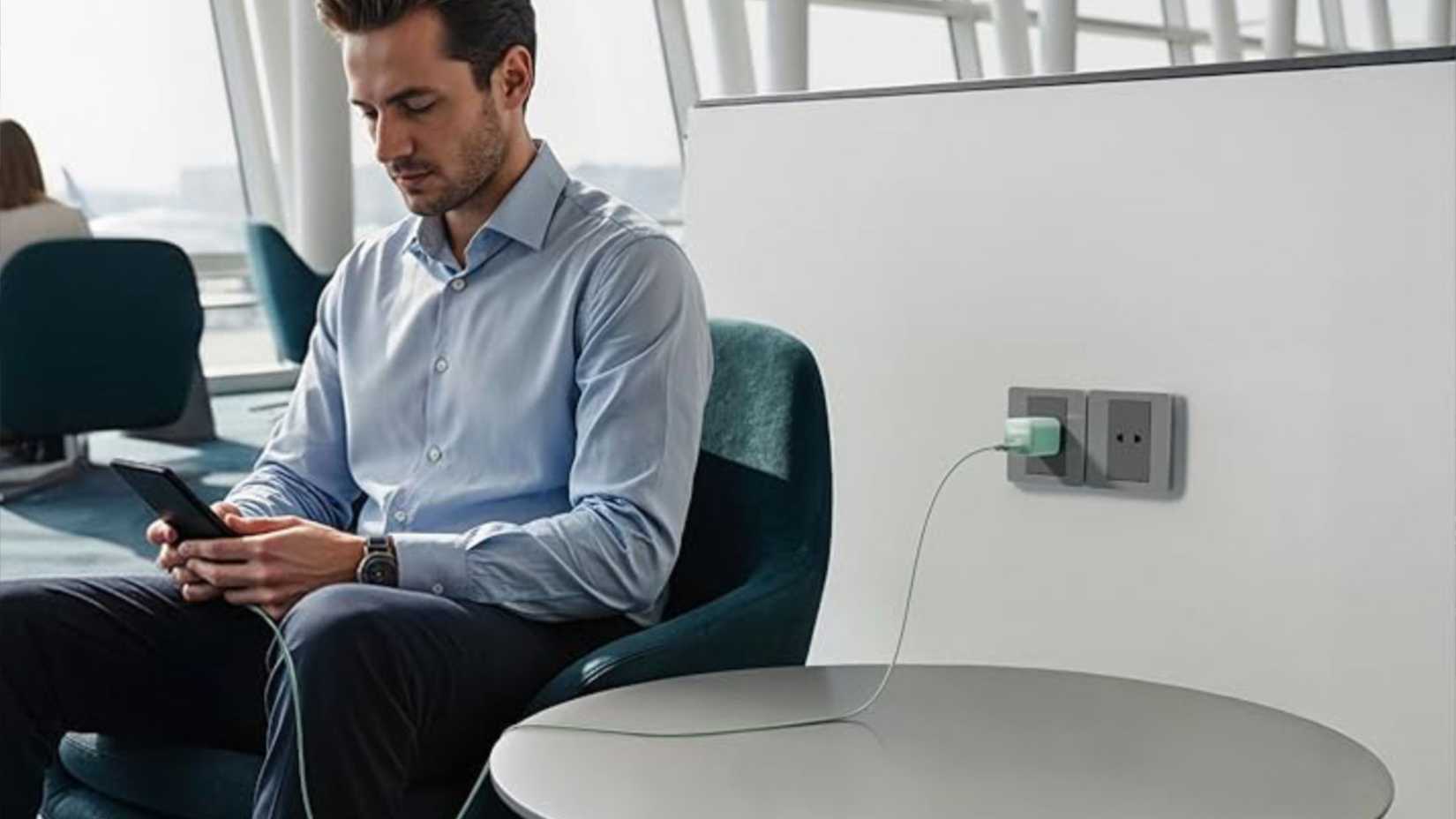 A man uses the Anker Nano 3 GaN Charger at an airport.