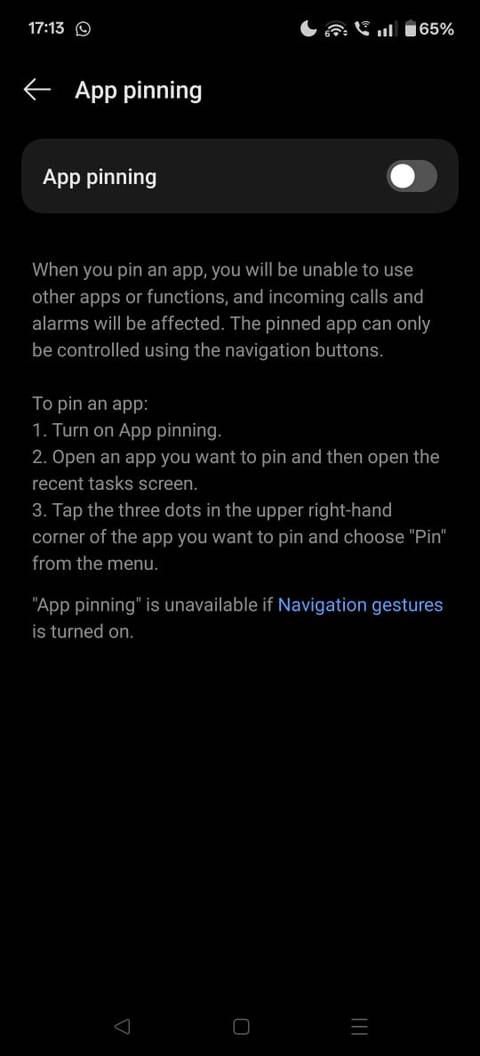 Screenshot showing the App pinning option