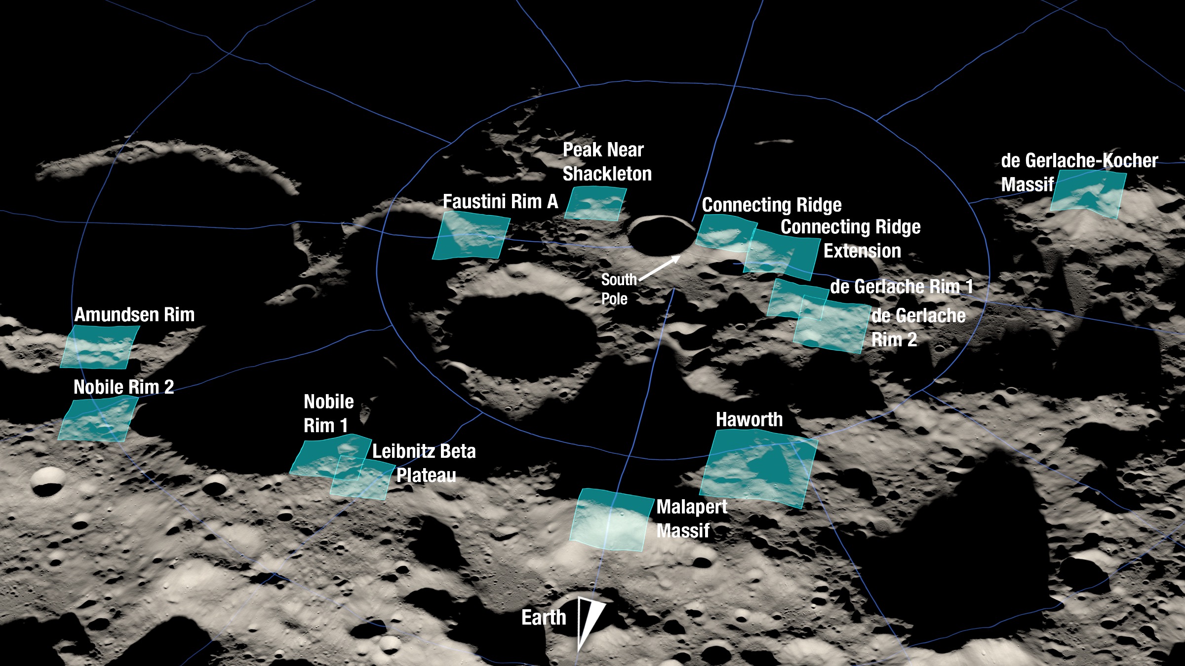 Map of the lunar South Pole showing labeled regions of interest, including peaks, ridges, and plateaus where NASA is considering placing a nuclear reactor near the Moon’s south pole. Earth’s direction is indicated at the bottom.