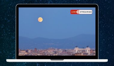 a graphic of a laptop screen with an image of a full moon rising over an Italian city with the words live streaming written in the top right corner.