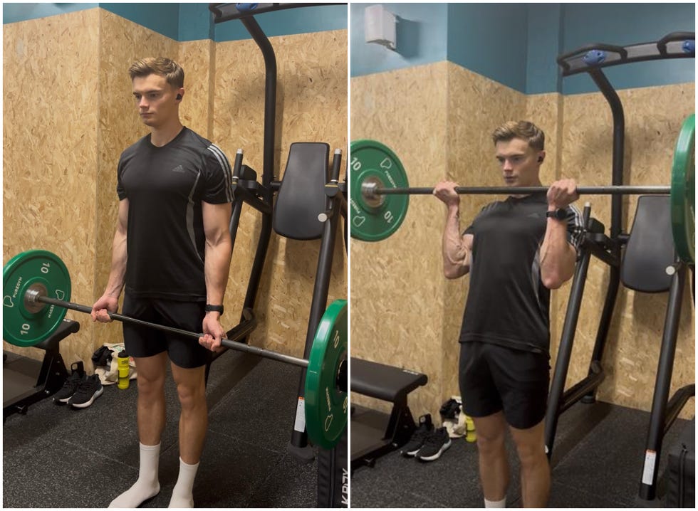 man performs barbell curl movement as part of daniel craig workout
