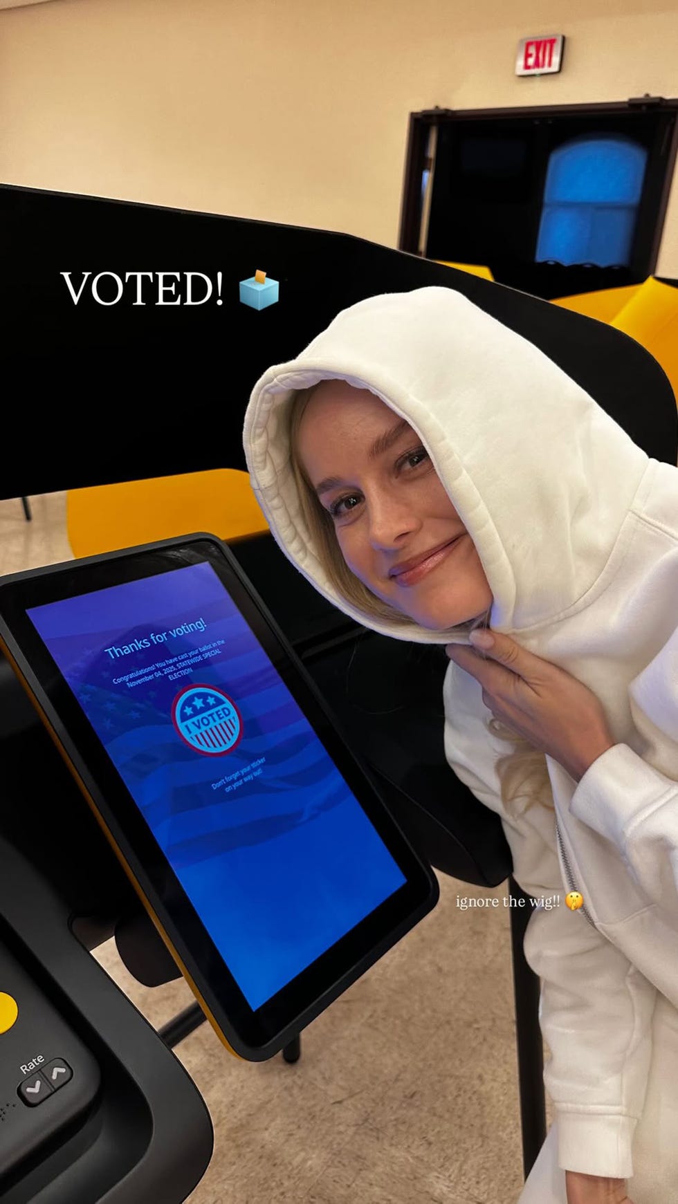 Brie Larson brie larson votes in the nyc mayoral elections with the caption 'ignore the wig'