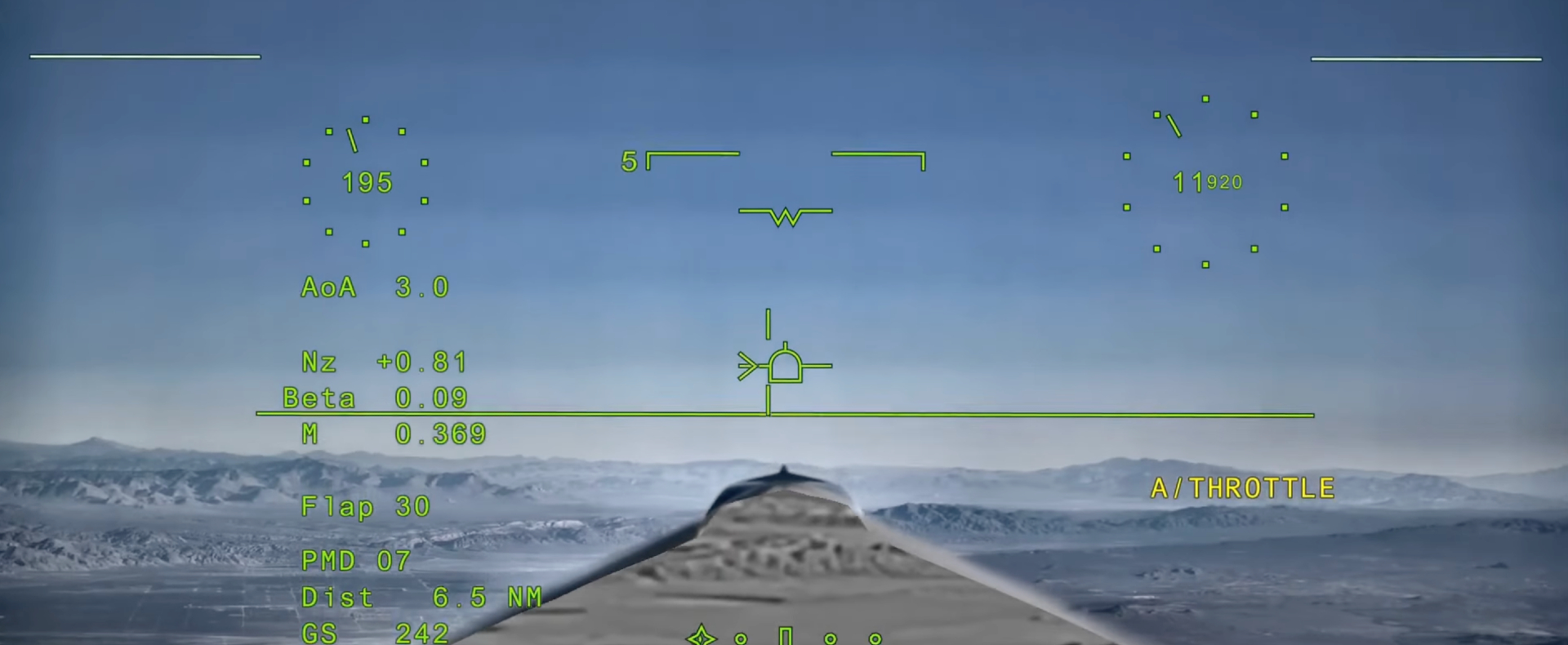 A view from the cockpit showing a desert landscape with various green overlays showing various metrics