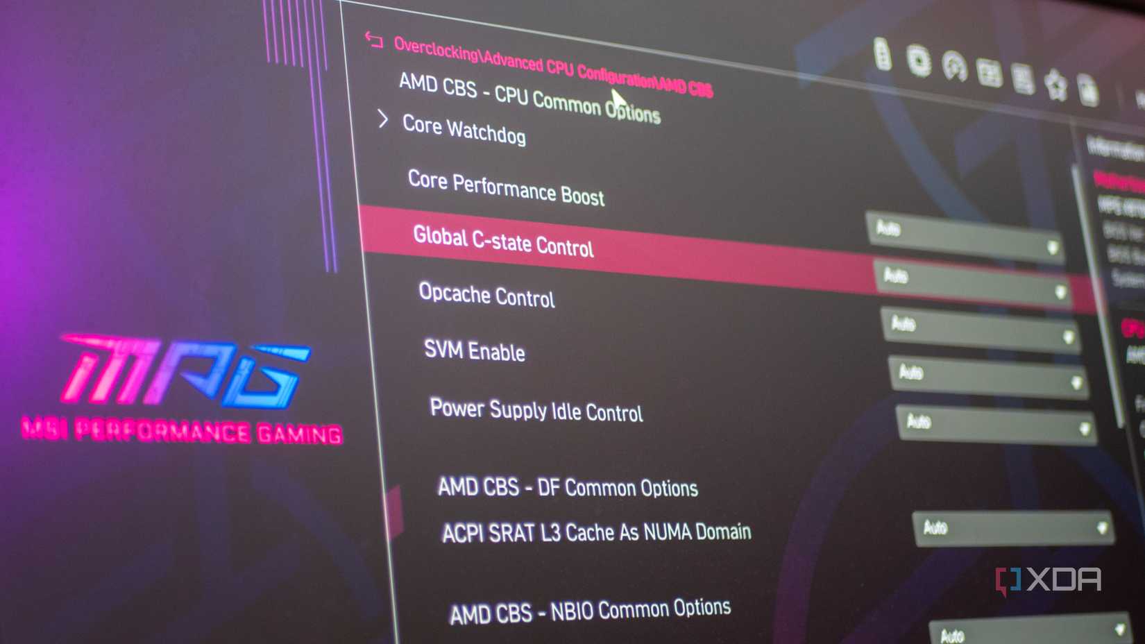 Global C state controls in an MSI motherboard