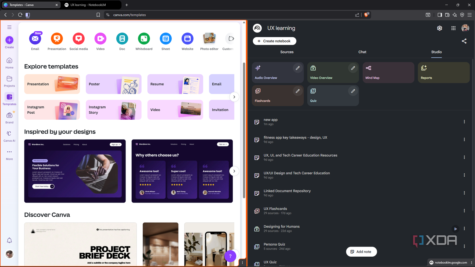 Canva and NotebookLM side by side in Brave browser