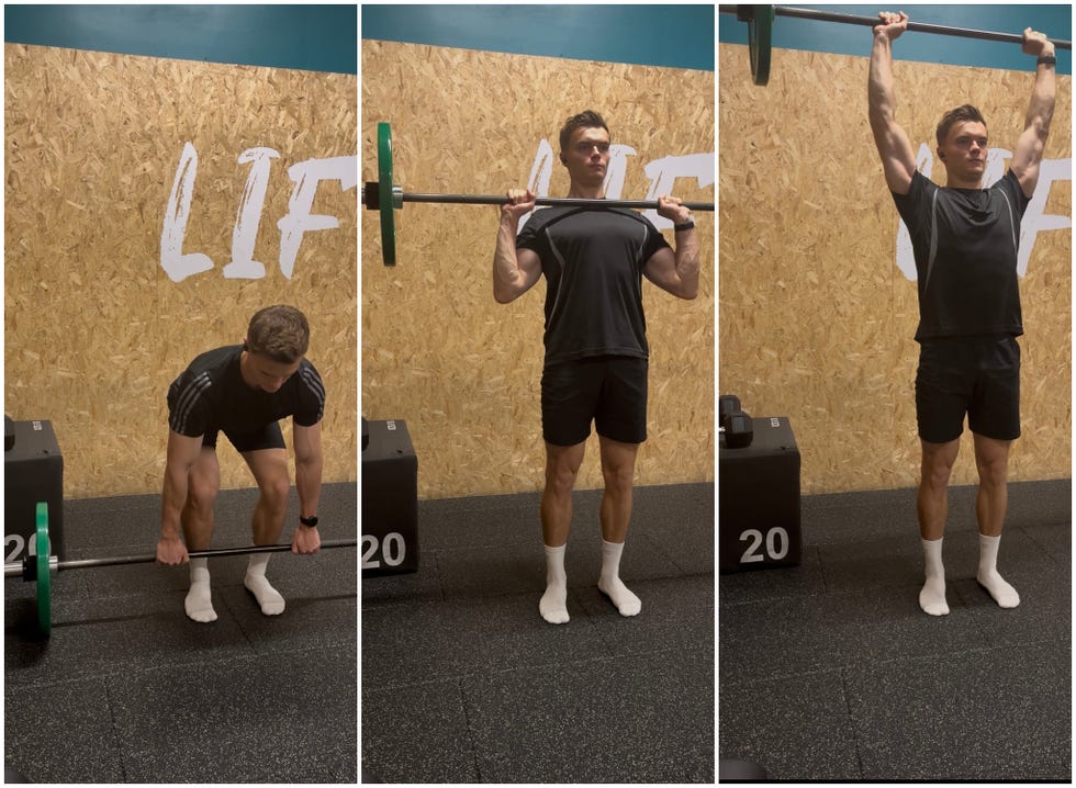 man performs clean and jerk movement as part of daniel craig workout