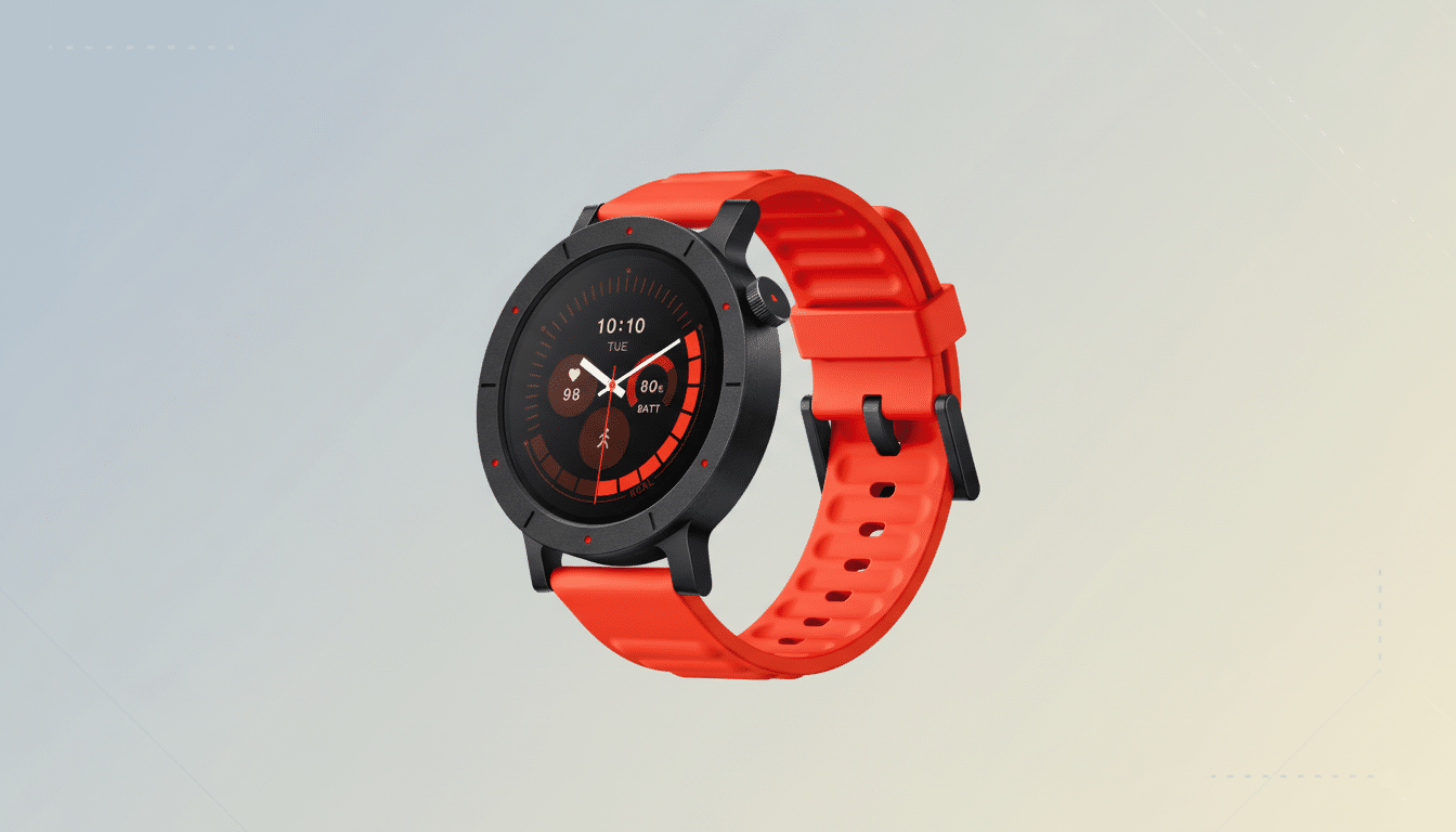 A black smartwatch with a bright orange band is centered on a professional flat design background with soft gray and white gradients and subtle geometric patterns. The watch face displays 10:10 TUE, a heart rate of 98, and 80% BATT.