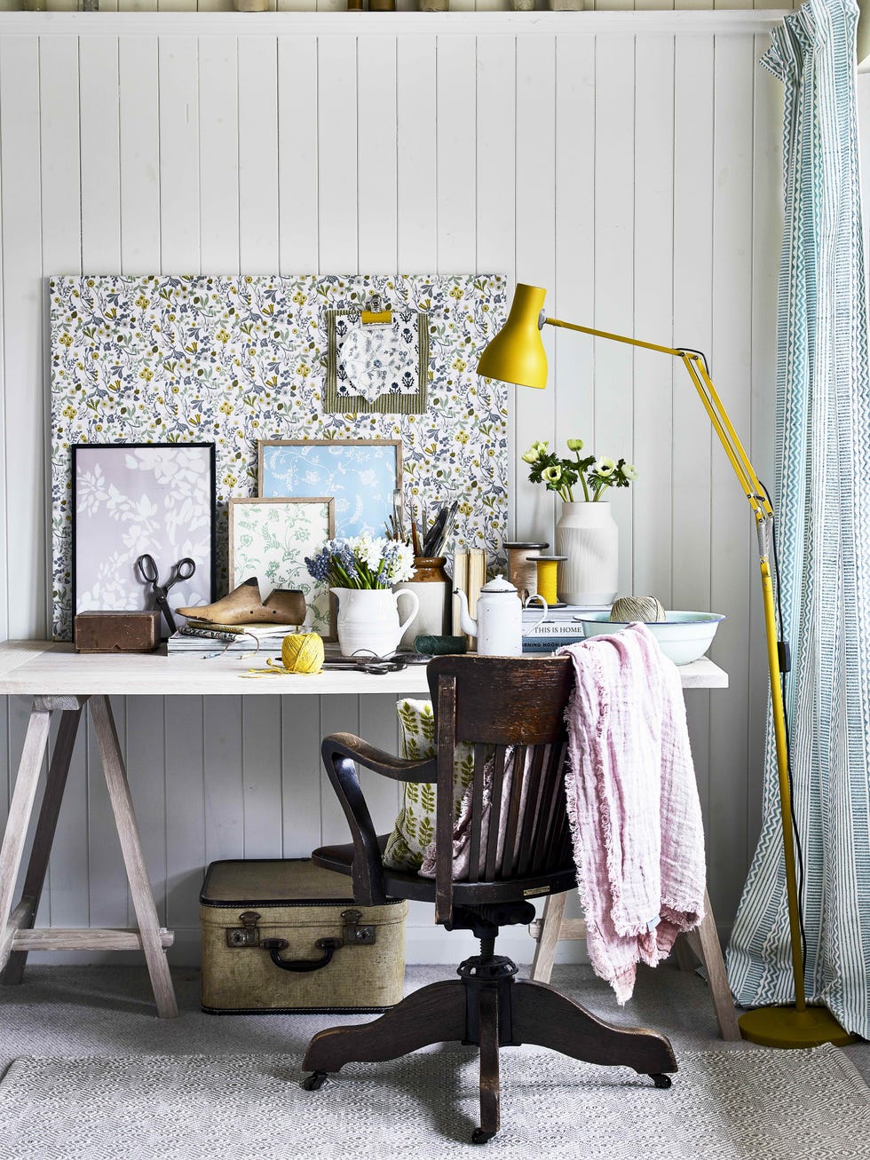 country living rustic office with swivel chair and moodboard