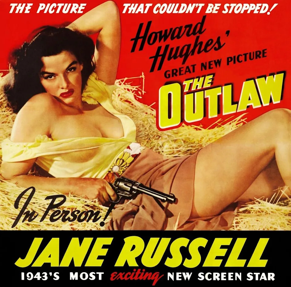 Vintage movie poster for "The Outlaw" featuring Jane Russell lounging with a revolver. Text highlights Howard Hughes' film and her debut