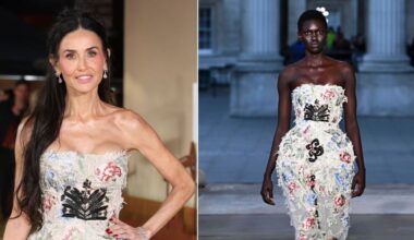 Demi Moore wearing a floral embroidered strapless dress from Erdem's spring 2026 collection, left, and the look on the runway, right.