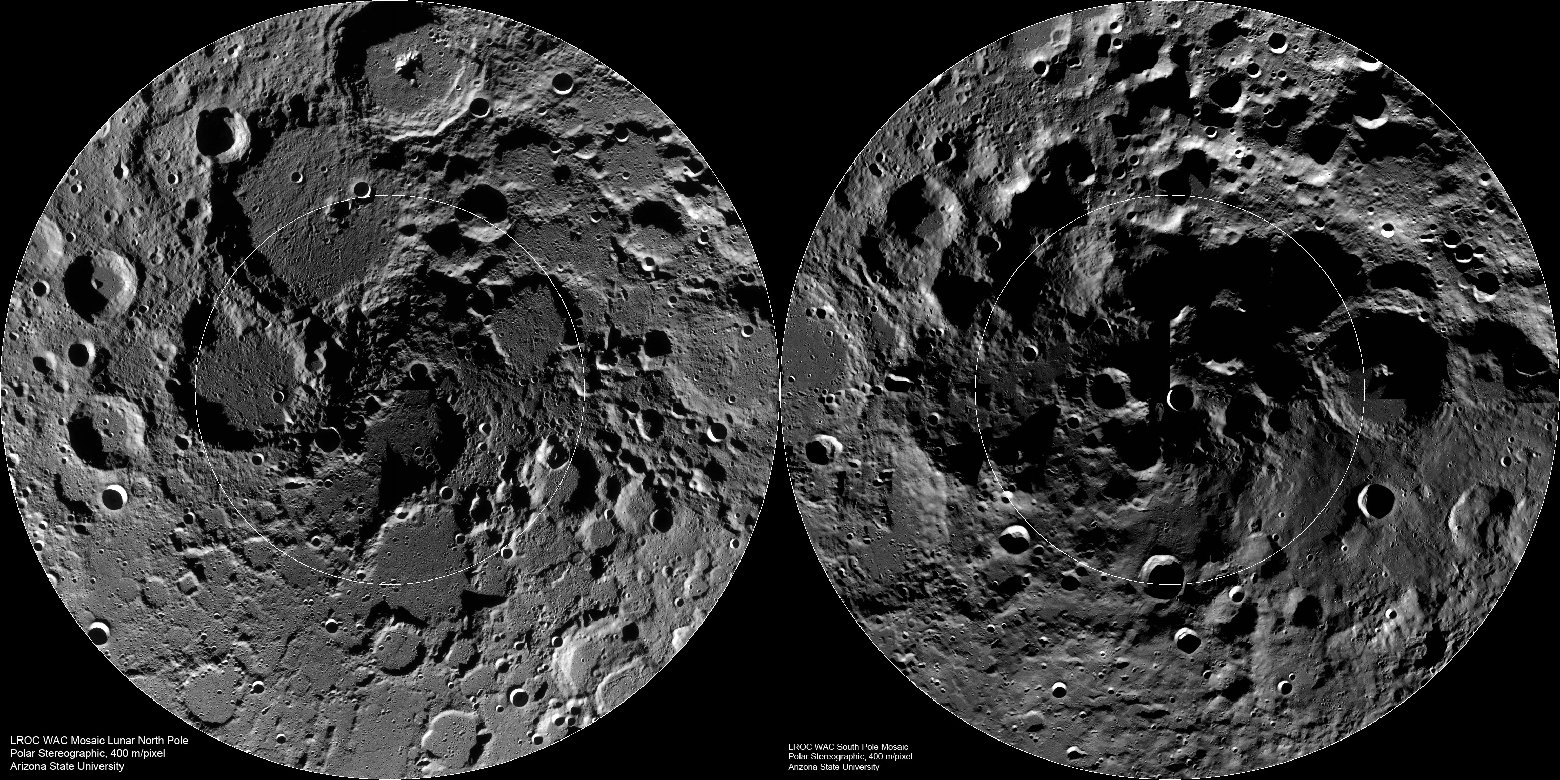 Side-by-side grayscale maps show the dark side Moon’s north (left) and south (right) polar regions, highlighting craters and surface features.