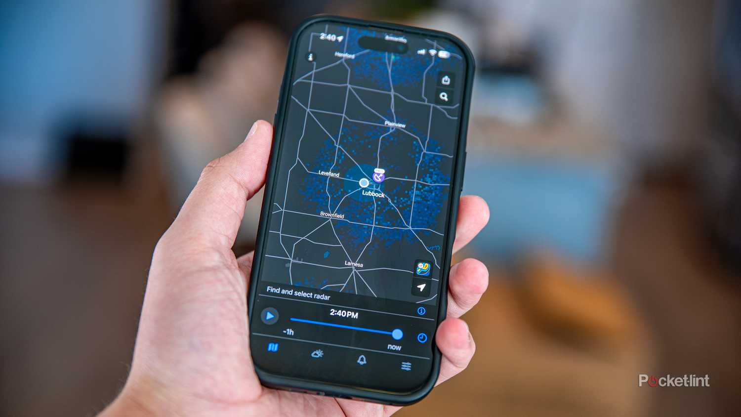 A still photo of the Rain Viewer radar app screen. 
