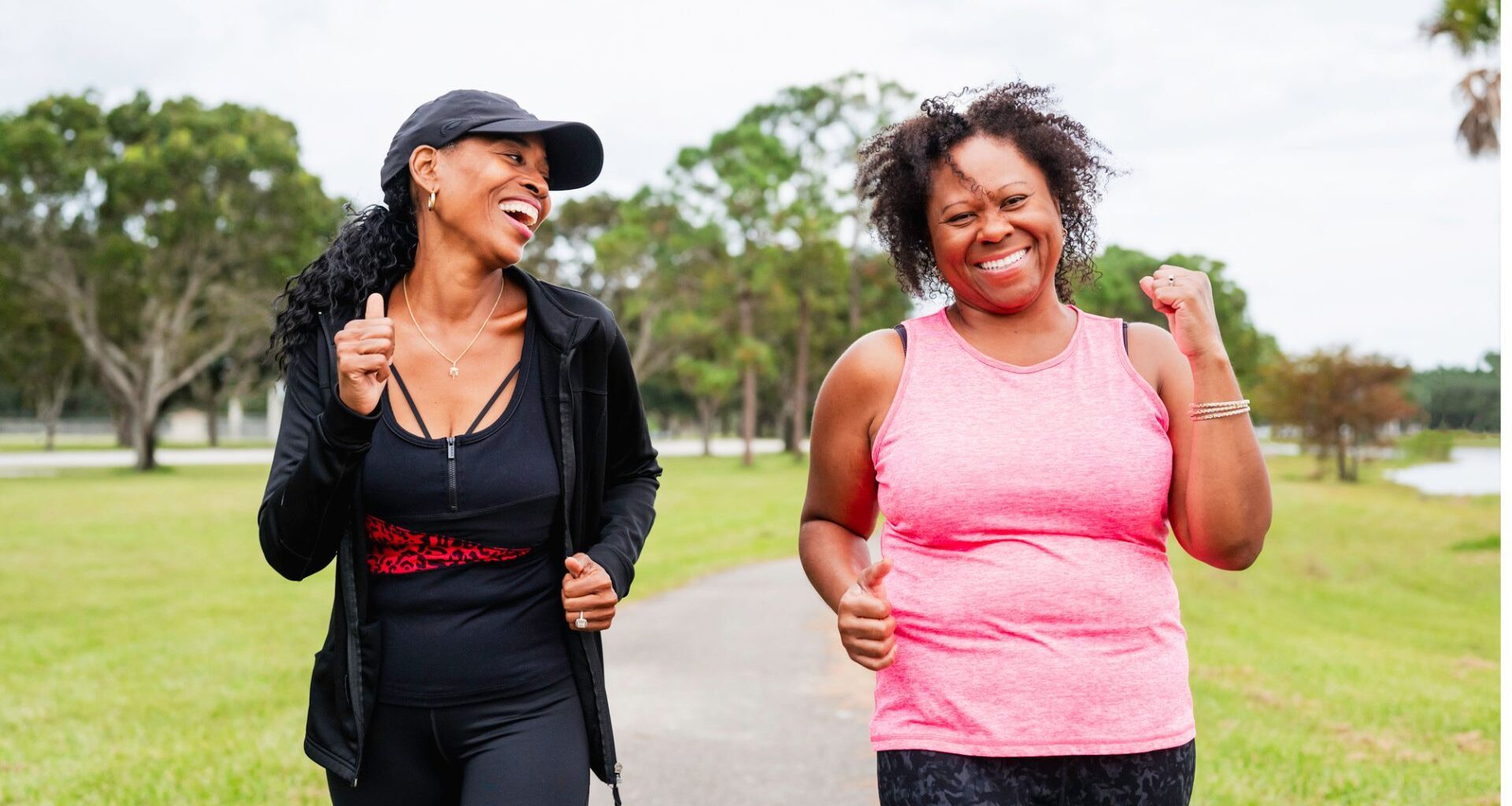 two women out for a walk and laughing