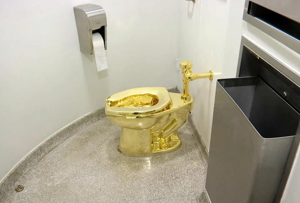 This Sept. 16, 2016 file image made from a video shows the 18-karat toilet, titled 