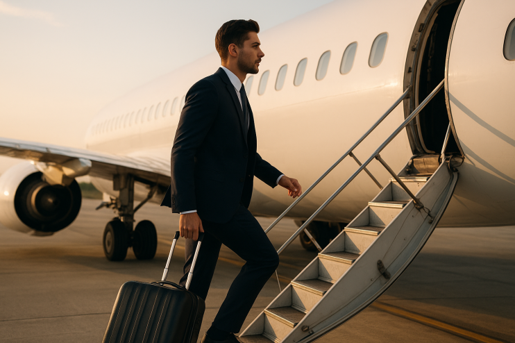 Entrepreneur boarding a sleek private jet, symbolizing business success and luxury travel in the modern corporate world.