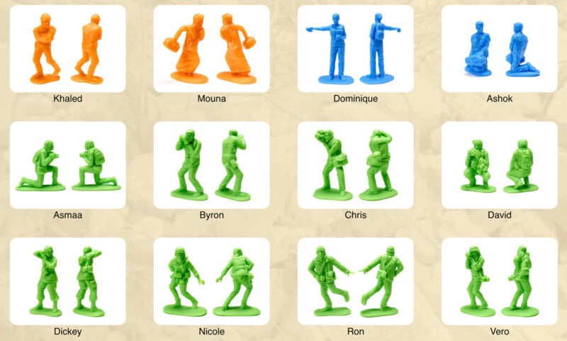Twelve pairs of colored plastic toy soldiers, each with different poses and labeled with names such as Khaled, Mouna, Dominique, Ashok, Asmaa, Byron, Chris, David, Dickey, Nicole, Ron, and Vero.