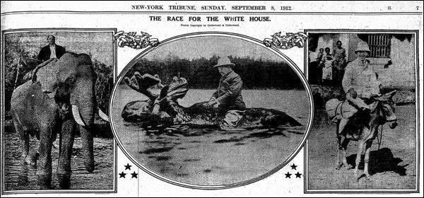 A vintage 1912 New York Tribune page shows three black-and-white photos: a man with an elephant, a man riding a moose in water, and a man on a donkey, under the headline “The Race for the White House.”.