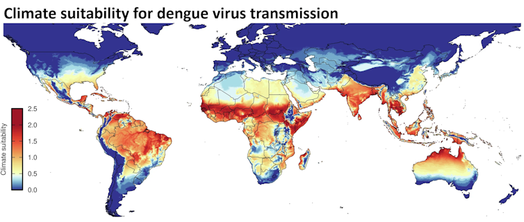 A world map shows where mosquitos are most likely to transmit the dengue virus