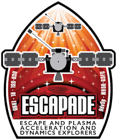 A patch with a drawing of two spacecraft, one behind the other, on a red background and the ESCAPADE mission title.
