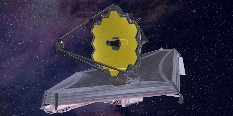 Artist's impression of the James Webb telescope, which has a hexagonal mirror made up of smaller hexagons, and sits on a rhombus-shaped spacecraft.