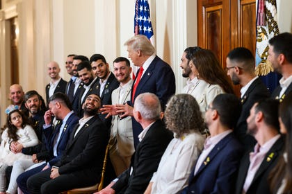 U.S. President Donald Trump meeting with 17 released Israeli hostages and their families at the White House on Thursday.