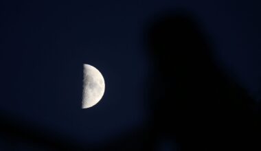 A first quarter moon is pictured against a dark blue sky with its right half lit by sunlight and its left bathed in shadow. The out-of-focus silhouette of a person is visible to the left of the screen, seemingly watching the moon.