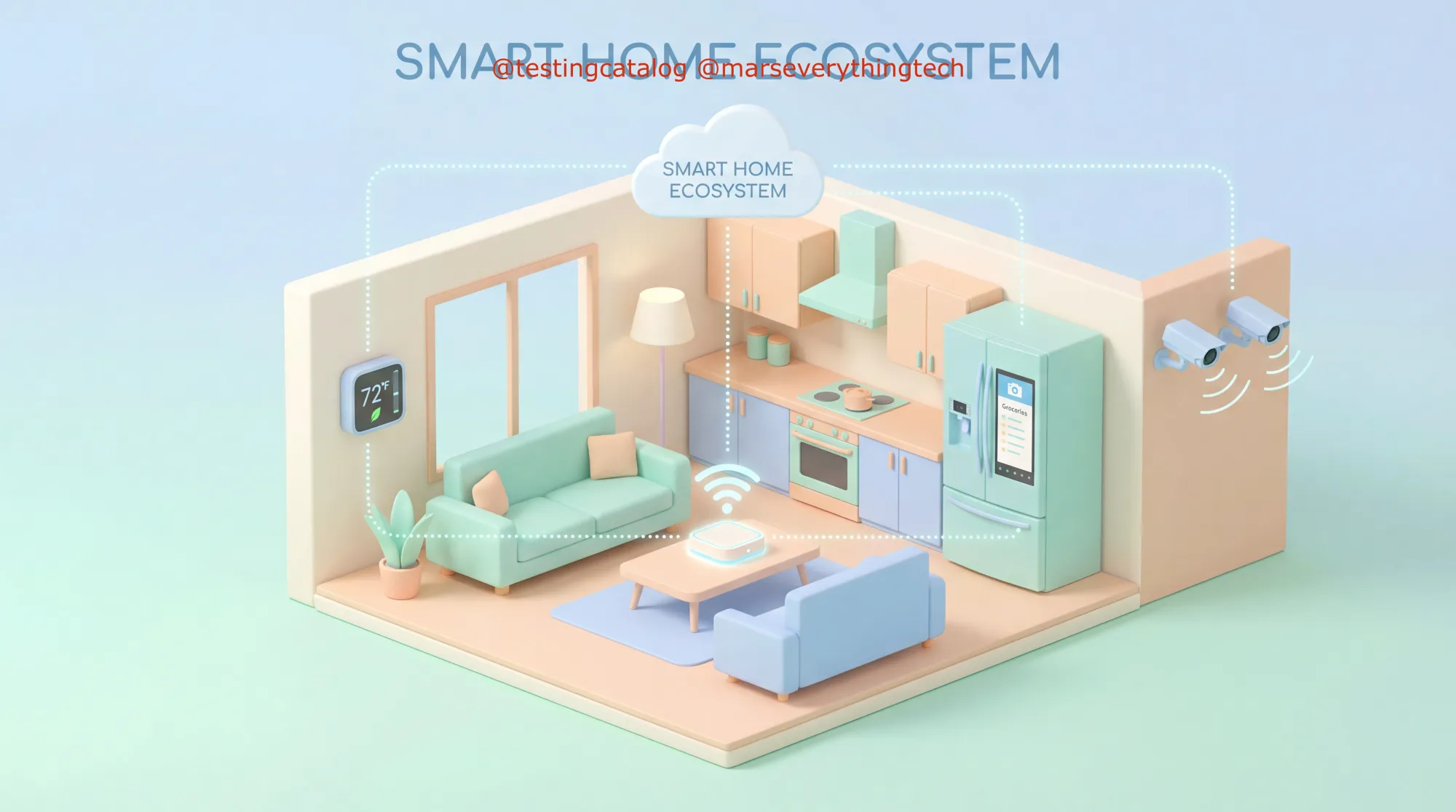 Prompt: A clean, 3D isometric visual explainer of a "Smart Home Ecosystem." Show a cross-section of a house with icons connecting different devices: a thermostat, a smart fridge, and security cameras. Use a pastel color palette with soft lighting. —ar 16:9