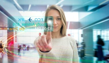 Young female tourist checks In at the airport