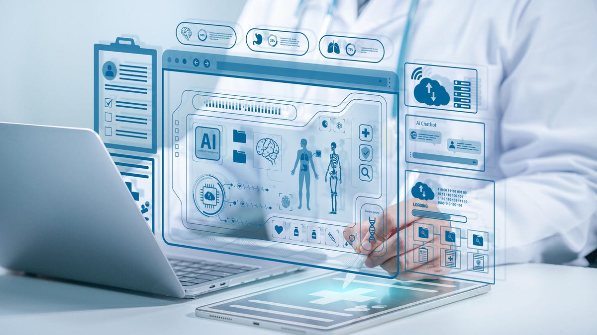 A person in a lab coat working at a computer with AI images displayed.