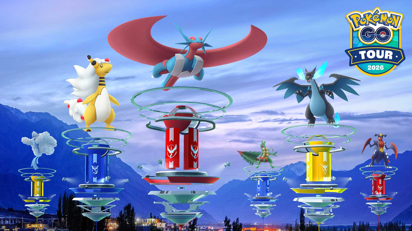 GO Tour promo image showing many gyms with Mega Pokemon