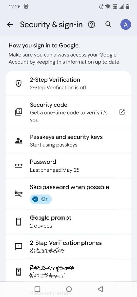 Screenshot showing the Security and sign in menu on Android