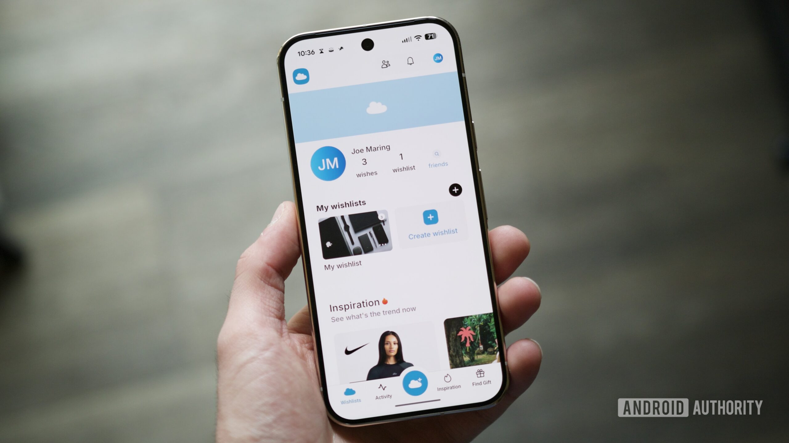 GoWish app running on an Android phone.
