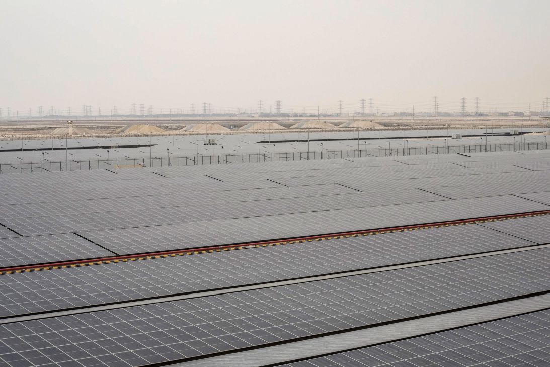 Arrays of solar panels help power the Jazlah Water Desalination plant in Jubail, Saudi Arabia, in 2024.