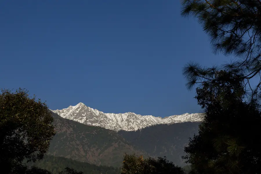 Fresh snow is seen on the Dhauladhar range of the Himalaya in Dharmsala, India