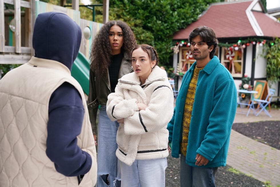 EMBARGO 29/11/2025 Lucas Hay, Vicky Grant, Frankie Osborne and Dillon Ray in Hollyoaks embargo 29112025 lucas hay, vicky grant, frankie osborne and dillon ray in hollyoaks