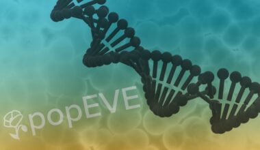 A stylized DNA double helix with the word "popEVE" and a flower icon over a gradient background.