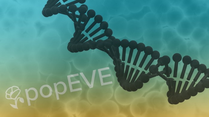 A stylized DNA double helix with the word "popEVE" and a flower icon over a gradient background.