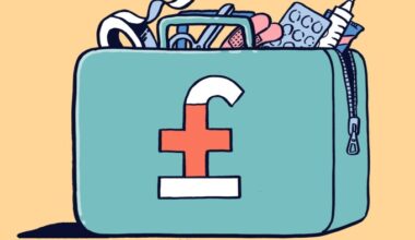 Illustration of a teal first aid kit with medical supplies and a red cross featuring a white pound sign