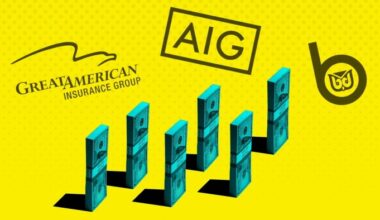 Great American Insurance Group, AIG, and WR Berkley logos above five upright stacks of US dollar bills on a yellow background.