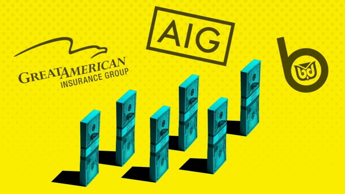 Great American Insurance Group, AIG, and WR Berkley logos above five upright stacks of US dollar bills on a yellow background.