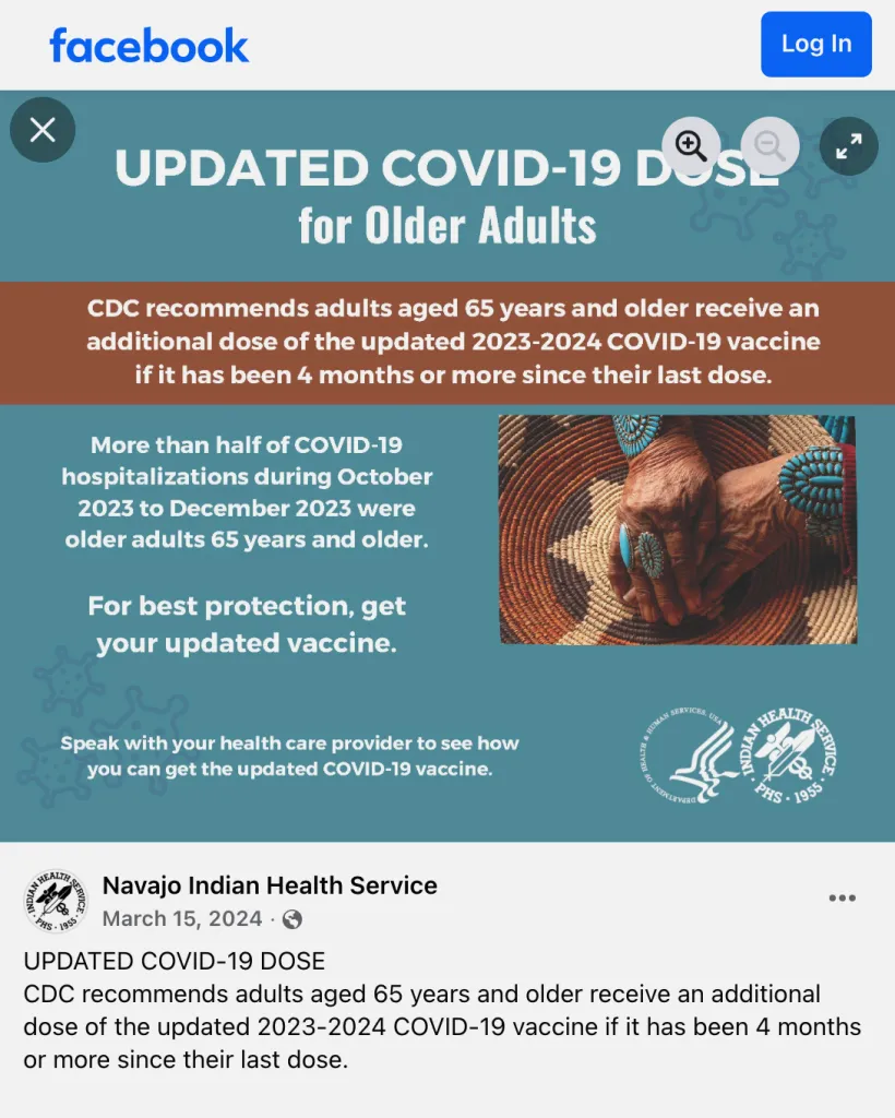 A Facebook post from March 15, 2024, uses an image of an older person’s hands alongside language emphasizing the importance of COVID-19 vaccines.