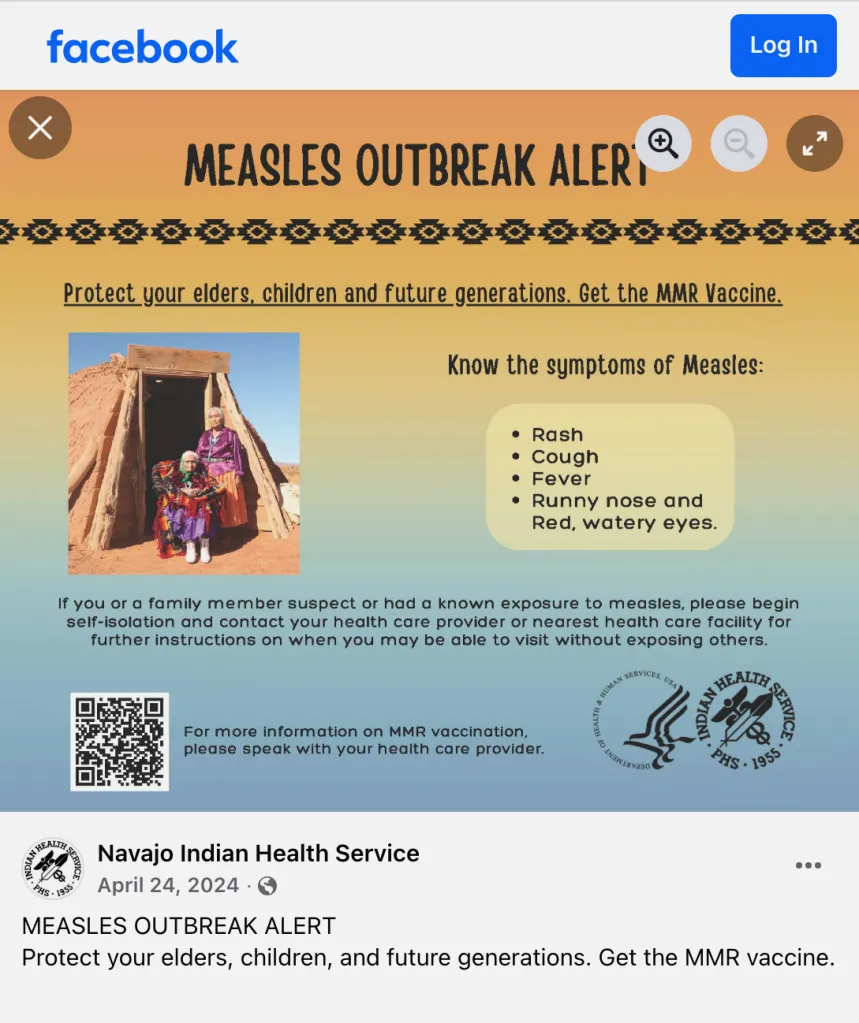 A Facebook post from April 24, 2024, uses warm colors and an image of  older women alongside language emphasizing the importance of measles vaccines.