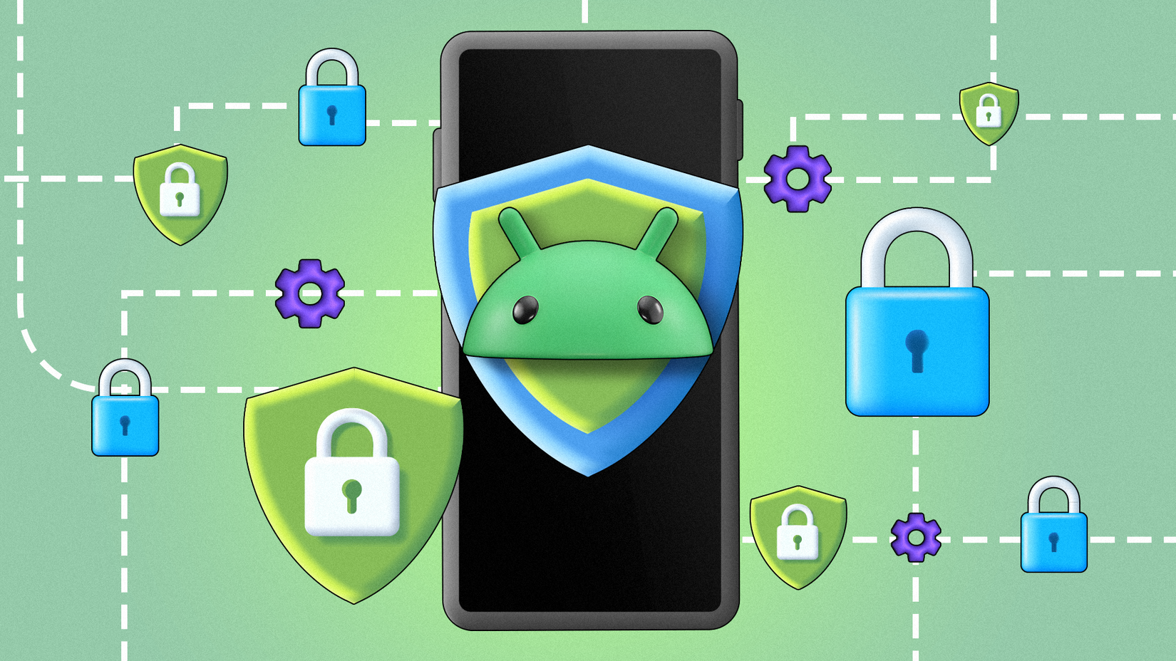 Illustration of a smartphone with the Android logo on a shield and privacy icons around it.