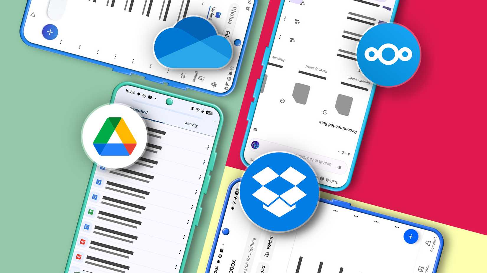 Illustration of four smartphones displaying cloud storage app interfaces, with the logos of Google Drive, OneDrive, Dropbox, and Nextcloud overlaid.