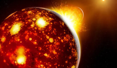 An artist’s impression of the collision between the proto-Earth and Theia. Image credit: MPS / Mark A. Garlick.